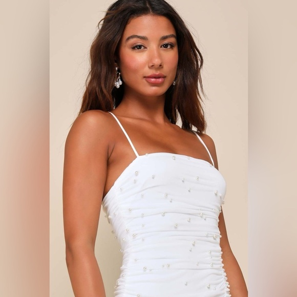 NWOT Lulus Toast to Romance White Ruched Pearl Bodycon Midiā Dress - Picture 4 of 9
